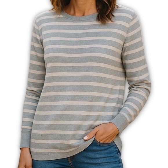 Caslon Stripe Crew Neck Sweater Gray Zip Back Long Sleeve Small - Picture 1 of 8